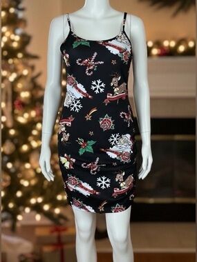 Urban Heritage Christmas Tattoo Art Ruched Dress Tween Size Small Festive